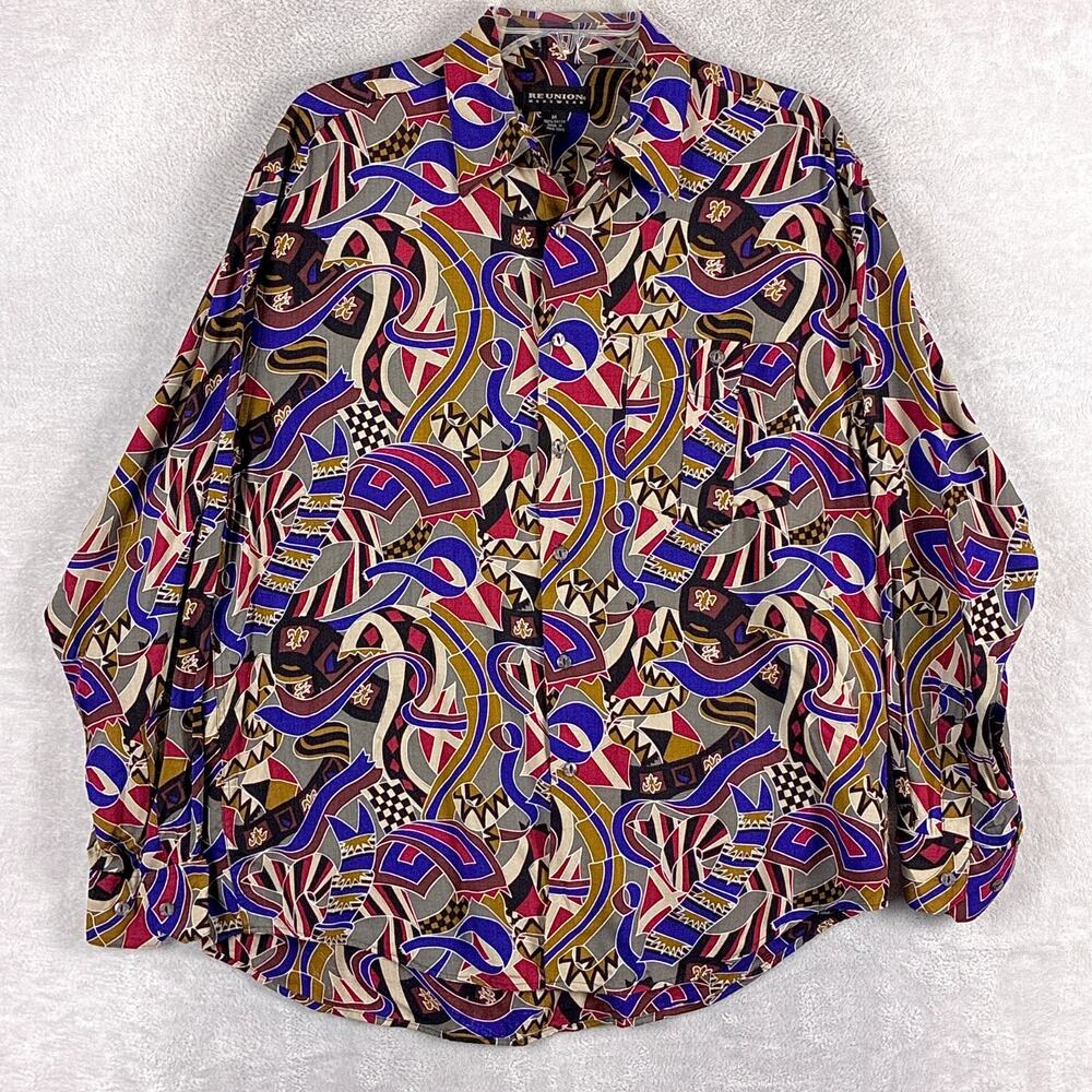 VTG Reunion Menswear Shirt Mens M Multicolor Abstract Rayon Going Out 80s 90s